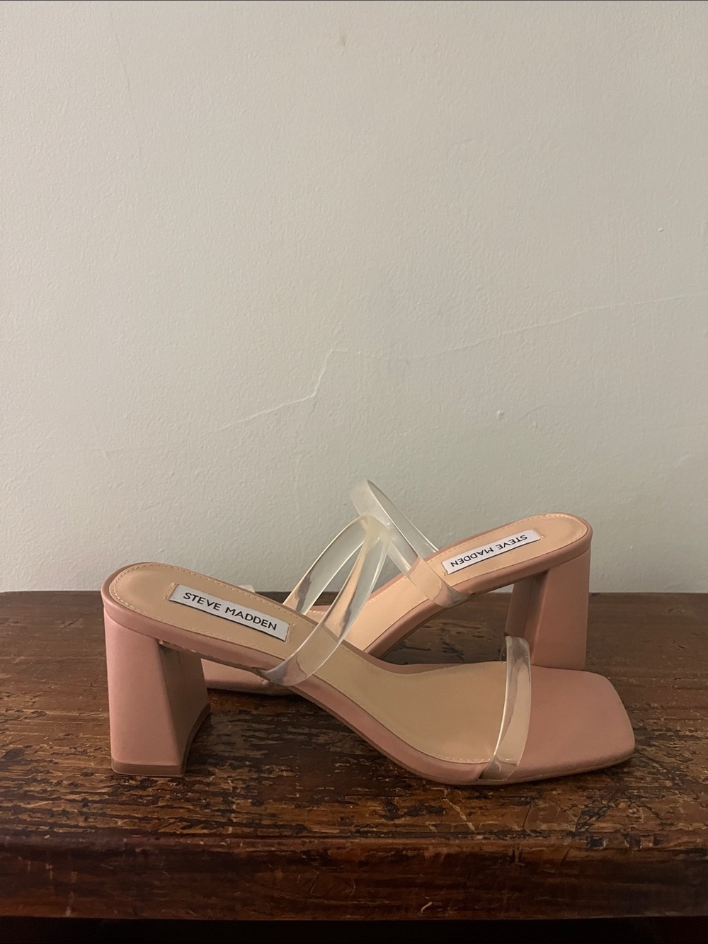Steve Madden Lilah Block Heel, Blush with Clear Straps